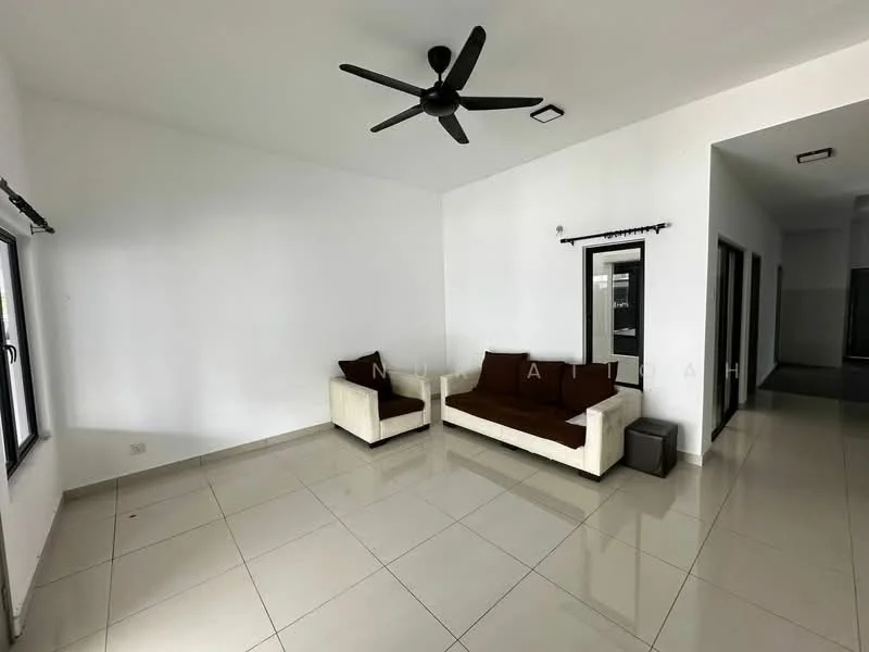 Living features: white painted walls, glossy ceramic tile flooring, 5-blade ceiling fan in black, two-seater fabric sofa in brown, two-seater fabric sofa in cream, large windows with black frames, door with glass panel, recessed ceiling lights; style: modern.