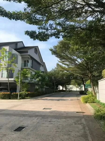 Exterior type: linked terrace house; features: manicured lawn, mature trees, paved walkway, two-storey building, modern facade with grey cladding, driveway, surrounded by greenery; style: modern.