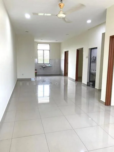 Room features: white painted walls, glossy ceramic tile flooring, ceiling fan, large window with natural light, doorway leading to bathroom, doorway leading to kitchen area, neutral color scheme, high ceiling; style: modern.