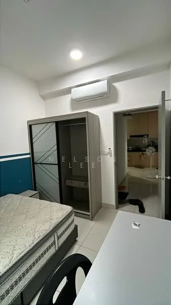 Bedroom features: queen-size bed, built-in wardrobe with sliding doors, white painted walls, tile flooring, 1 wall-mounted split AC, recessed ceiling lights, desk with chair, door leading to kitchen area; style: modern.