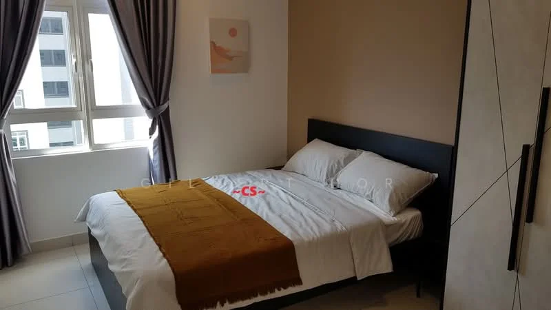 Bedroom features: queen-size bed, upholstered headboard, white bedding, brown throw blanket, floor-to-ceiling window, grey curtains, built-in wardrobe, tile flooring, neutral painted walls; style: modern.