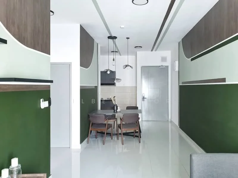 Dining features: green accent walls, white painted walls, glossy tile flooring, 4-seater dining table, wooden dining chairs, pendant lighting, recessed ceiling lights, kitchen area visible in background, open layout, modern decor; style: modern.