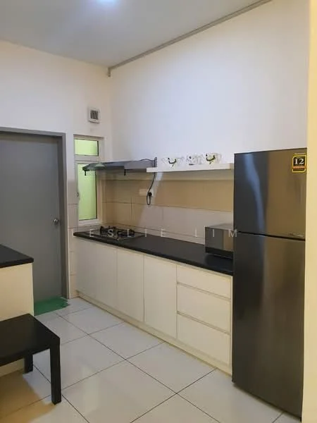 Kitchen features: white cabinetry, black countertop, stainless-steel fridge, 4-burner gas hob, exhaust hood, wall-mounted shelf, tile backsplash, ceramic tile flooring, single-bowl stainless-steel sink; style: modern.