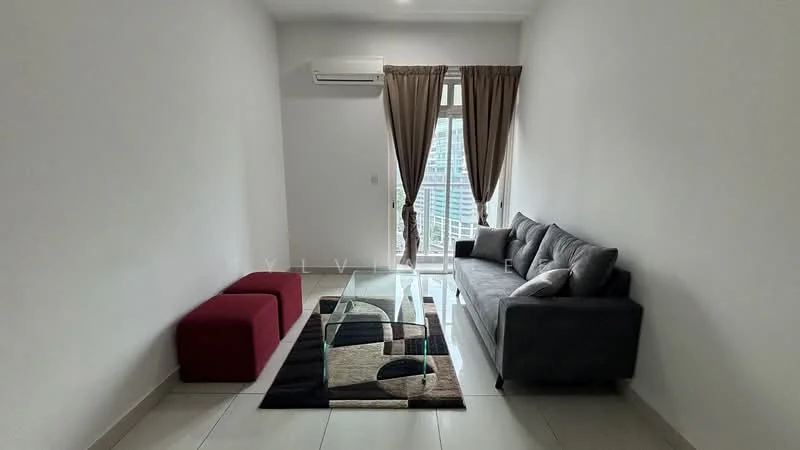 Living features: grey fabric sofa, red ottoman, glass coffee table, area rug with geometric pattern, floor-to-ceiling windows, sheer curtains, wall-mounted split AC, white painted walls, ceramic tile flooring; style: modern; view: city.