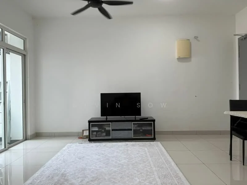 Living features: white painted walls, glossy white tile flooring, 5-blade ceiling fan, wall-mounted TV, black TV console with glass doors, area rug, large sliding glass door, natural light from windows; style: modern.