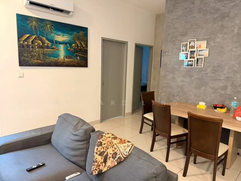 Living features: grey fabric sofa, decorative throw pillow, wall-mounted split AC, framed artwork on wall, grey accent wall, white painted walls, dining table with four wooden chairs, ceramic tile flooring, wall-mounted photo frames, light-colored side table; style: modern.