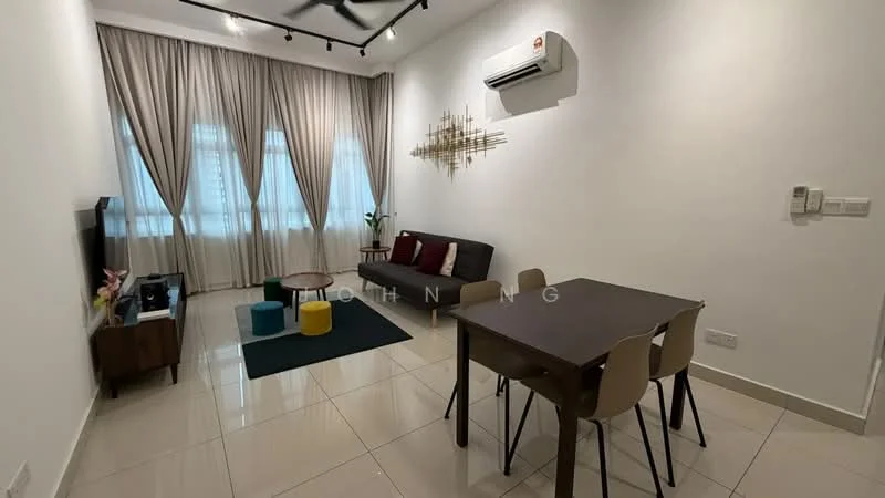 Living features: light grey painted walls, white ceiling, recessed downlights, 5-blade ceiling fan, floor-to-ceiling windows with sheer curtains, light brown sofa, coffee table, TV console, wall-mounted TV, dining table with four chairs, blue and green poufs, tile flooring; style: modern; view: city.