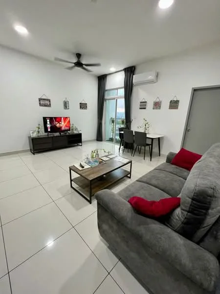 Living features: grey fabric sofa, red accent cushions, coffee table with wooden top, TV console, wall-mounted TV, floor-to-ceiling windows, curtains, recessed downlights, 1 wall-mounted split AC, white painted walls, glossy tile flooring; style: modern; view: city. Dining features: 4-seater dining table, black dining chairs, decorative vase on table; style: modern; view: city.