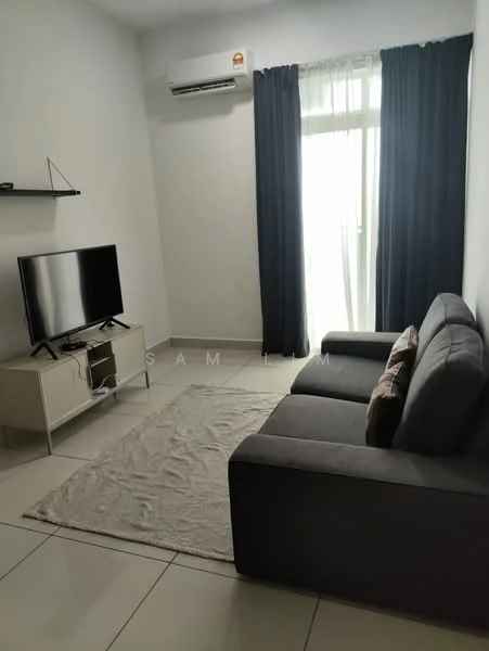 Living features: grey fabric sofa, TV console, wall-mounted TV, area rug, floor-to-ceiling windows, blackout curtains, white painted walls, ceramic tile flooring, 1 wall-mounted split AC; style: modern.
