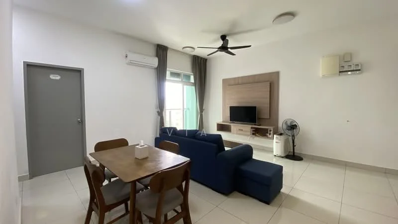 Living features: 3-seater fabric sofa in blue, wooden dining table with 4 chairs, wall-mounted TV, TV console, ceiling fan with light, wall-mounted air conditioning unit, floor tiles, large window with sheer curtains, decorative wall panel behind TV, standing fan, light-colored walls; style: modern; view: city.