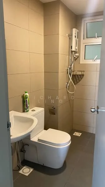 Bathroom features: white ceramic toilet, single-sink vanity with wall-mounted faucet, chrome basin mixer, shower with handheld shower head, tile cladding on walls, grey floor tiles, window for natural light, towel rail, soap dispenser, shower hose holder; style: modern.