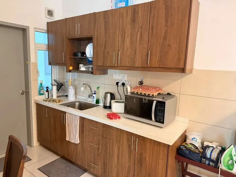 Kitchen features: brown wooden cabinetry, white countertop, single-bowl stainless-steel sink, chrome pull-down faucet, built-in microwave, electric kettle, toaster, dishwasher, wall-mounted shelves, ceramic tile flooring, white tiled backsplash, dining table with chairs; style: modern.