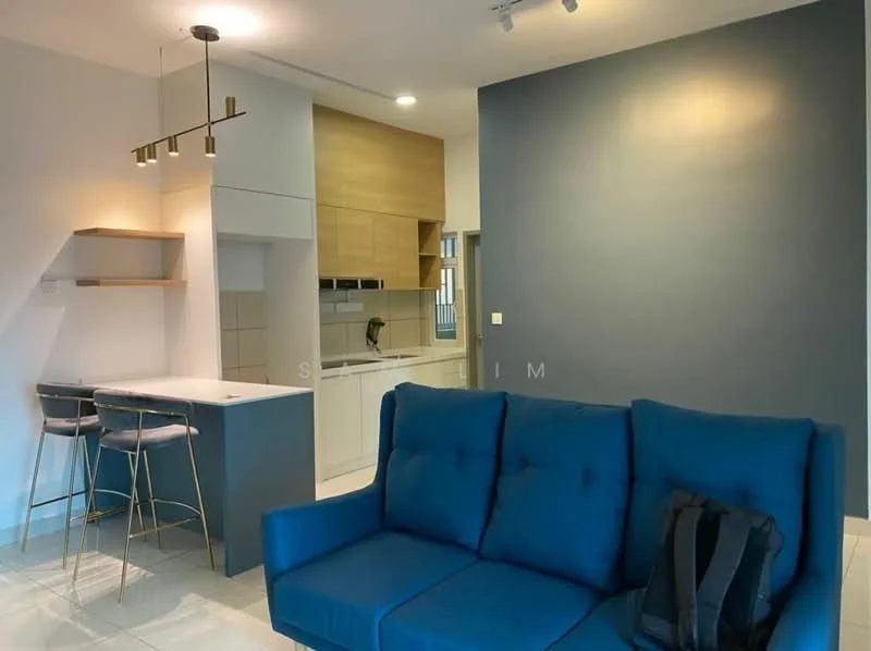 Living features: blue fabric sofa, bar stools, kitchen island, white cabinetry, light wood cabinetry, white tiled flooring, grey accent wall, recessed lighting, open layout, kitchen area with appliances; style: modern.