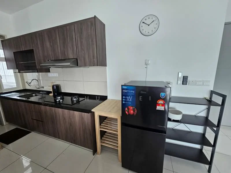 Kitchen features: dark wood cabinetry, black granite countertop, single-bowl stainless-steel sink, chrome pull-down faucet, built-in gas hob, stainless-steel range hood, stainless-steel fridge, open shelving unit, wall clock, white tiled backsplash, grey tiled flooring, window with sheer curtains; style: modern.