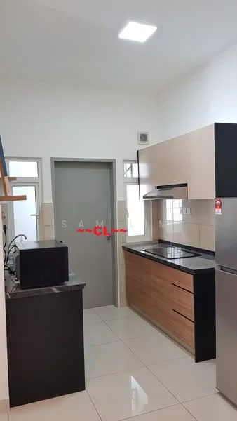Kitchen features: black granite countertop, wood cabinetry with light finish, stainless-steel fridge, built-in oven, ceramic tile flooring, white painted walls, single-bowl stainless-steel sink, chrome pull-down faucet, wall-mounted kitchen hood, recessed ceiling lights; style: modern.