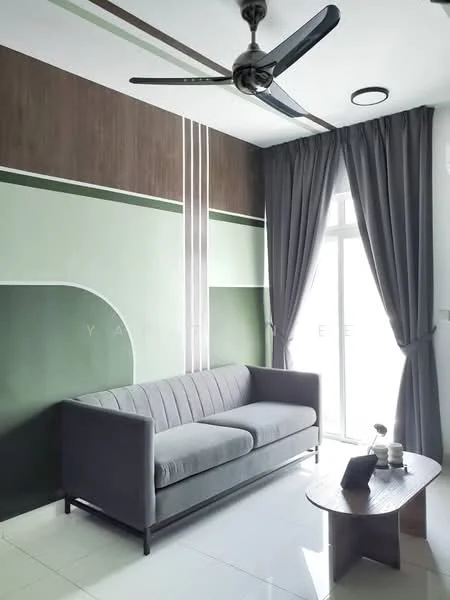 Living features: grey fabric sofa, wooden coffee table, 5-blade ceiling fan, floor-to-ceiling windows, grey curtains, green and brown accent wall, white tiled flooring, recessed ceiling light; style: modern.