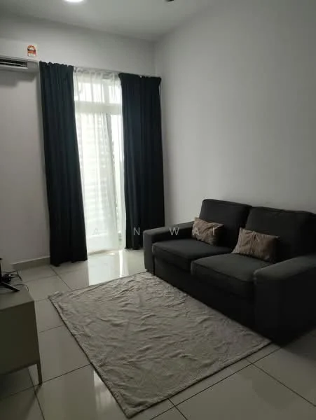 Living features: grey fabric sofa, 2 decorative cushions, white walls, floor-to-ceiling windows, blackout curtains, light-colored area rug, wall-mounted split AC, glossy tile flooring; style: modern.