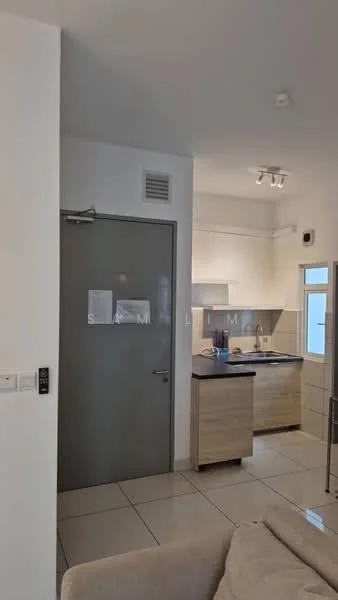 Kitchen features: grey cabinet doors, black countertop, stainless-steel sink, built-in oven, freestanding range oven, ceramic tile flooring, recessed downlights, wall-mounted kitchen appliances, window with natural light; style: modern. Room features: white painted walls, door with grey finish, light switch, floor-to-ceiling windows.