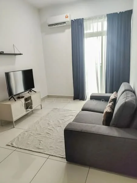 Living features: grey fabric sectional sofa, white TV console, wall-mounted flat-screen TV, light-colored area rug, floor-to-ceiling windows, sheer curtains, dark blue curtains, wall-mounted shelf, 1 wall-mounted split AC, ceramic tile flooring, white painted walls; style: modern.
