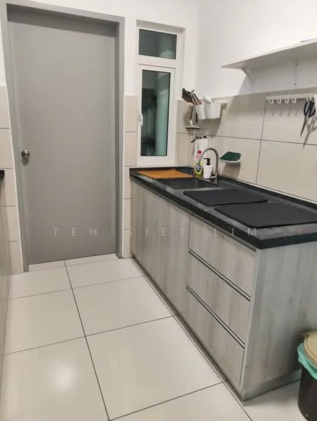 Kitchen features: grey laminate cabinetry, black granite countertop, single-bowl stainless-steel sink, chrome pull-down faucet, tile backsplash, white tiled walls, white tiled flooring, window above sink, kitchen utensils hanging on wall, open shelving, door leading to another room; style: modern.