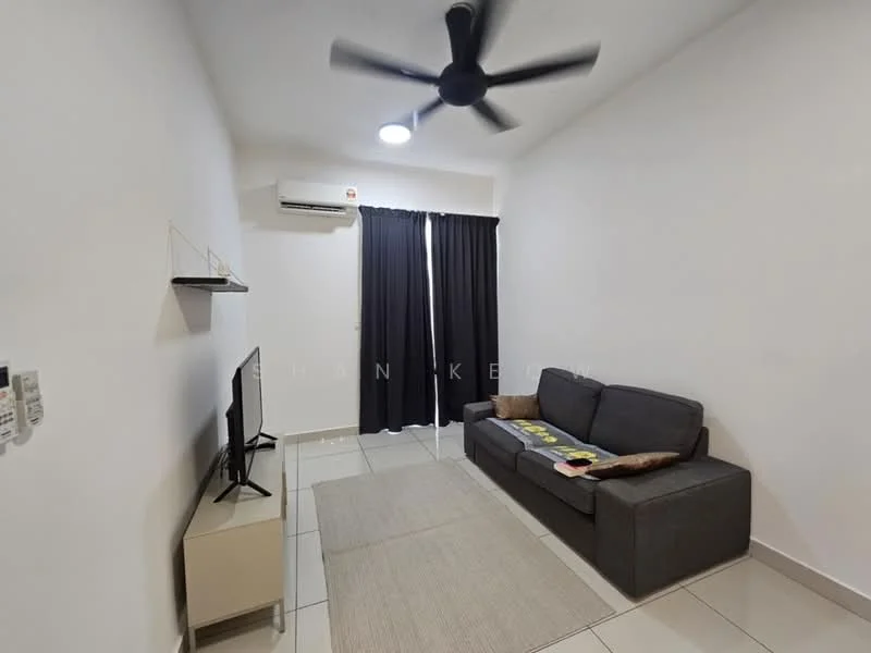Living features: grey fabric 3-seater sofa, area rug, wall-mounted TV, TV console, blackout curtains, ceiling fan, wall-mounted air conditioning unit, white painted walls, tile flooring, recessed ceiling light; style: modern.