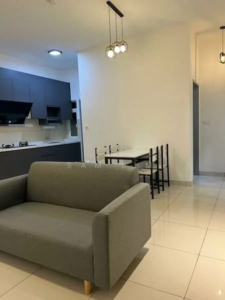 Living features: grey fabric sofa, white walls, recessed downlights, pendant lighting with multiple bulbs, tile flooring, open layout to kitchen, dining table with chairs, kitchen cabinetry in dark color, gas stove, kitchen countertop, wall-mounted kitchen hood; style: modern.