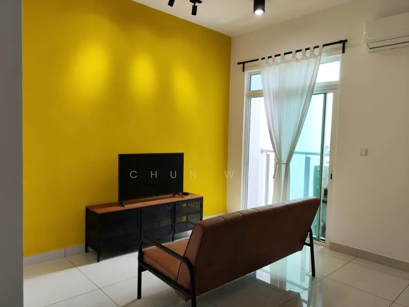 Living features: yellow accent wall, white painted walls, glossy tile flooring, sofa with brown leather upholstery, TV console with black metal frame, wall-mounted TV, floor-to-ceiling windows, sheer curtains, air conditioning unit, recessed downlights; style: modern; view: city.