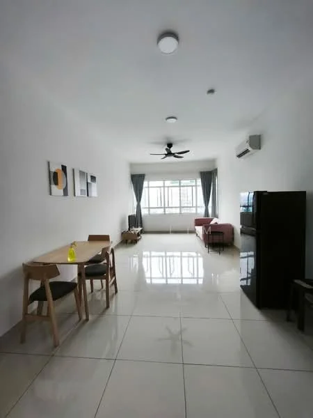 Living features: white painted walls, glossy tile flooring, 5-blade ceiling fan, floor-to-ceiling windows, grey curtains, sofa in red, dining table with 2 chairs, refrigerator in black, wall-mounted air conditioning unit, decorative artwork on walls; style: modern.