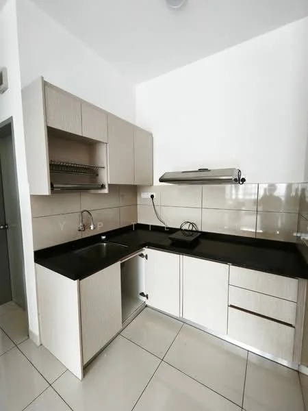 Kitchen features: black granite countertop, light wood cabinetry, stainless-steel sink, chrome faucet, built-in stove with exhaust hood, ceramic tile backsplash, ceramic tile flooring, open shelving, under-cabinet lighting; style: modern.