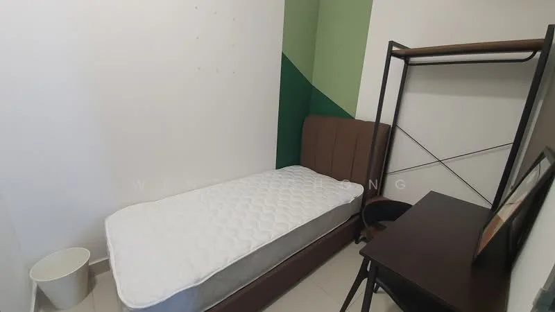 Bedroom features: single bed frame with mattress, green accent wall, white painted walls, tile flooring, study desk, chair, waste bin, open wardrobe; style: modern.