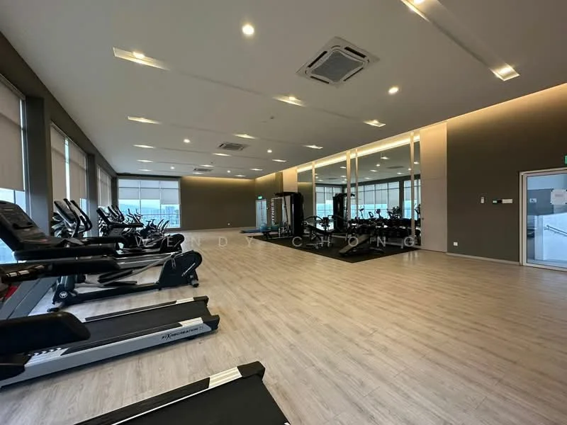Room features: wooden flooring, large windows, mirrored wall, recessed LED downlights, multiple treadmills, weight training equipment, air conditioning unit, open layout; style: modern; view: city.