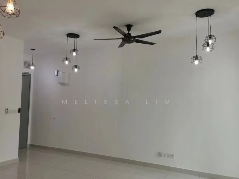 Room features: white painted walls, polished ceramic tile flooring, 5-blade ceiling fan, 3 pendant lights with wire cages, wall-mounted air conditioning unit, electrical outlets, light switch, doorway leading to another room; style: modern.