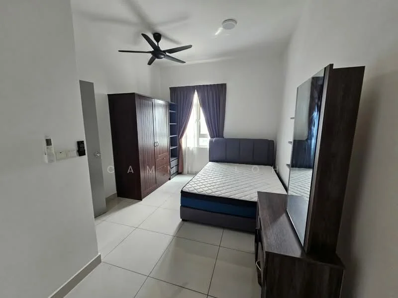 Bedroom features: queen-size bed, upholstered headboard, wooden wardrobe, TV console, wall-mounted TV, ceiling fan, floor-to-ceiling window, curtains, white painted walls, tile flooring; style: modern.