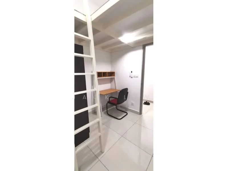 Study features: white painted walls, tile flooring, desk with wooden surface, black office chair, built-in shelving, ladder for loft access, recessed ceiling lights, power outlets on wall; style: modern.