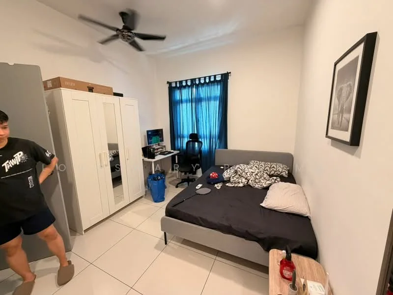 Bedroom features: queen-size bed with grey upholstered frame, black bedding, white walls, tile flooring, 5-blade ceiling fan, floor-to-ceiling mirror wardrobe, black curtains, study desk with chair, wall-mounted artwork, waste bin; style: modern.