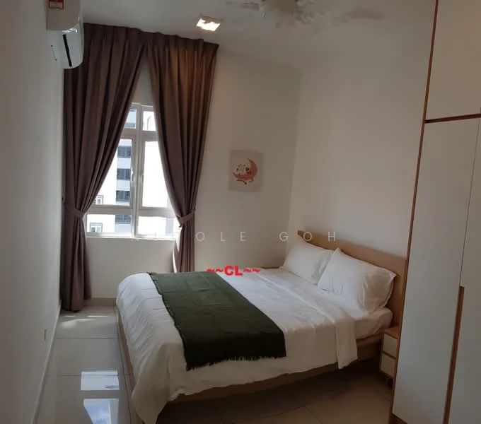 Bedroom features: queen-size bed with white bedding, wooden headboard, bedside table, wall-mounted air conditioning unit, floor-to-ceiling window, sheer curtains, dark brown curtains, light-colored walls, glossy tile flooring, ceiling fan with light, decorative wall art; style: modern; view: city.