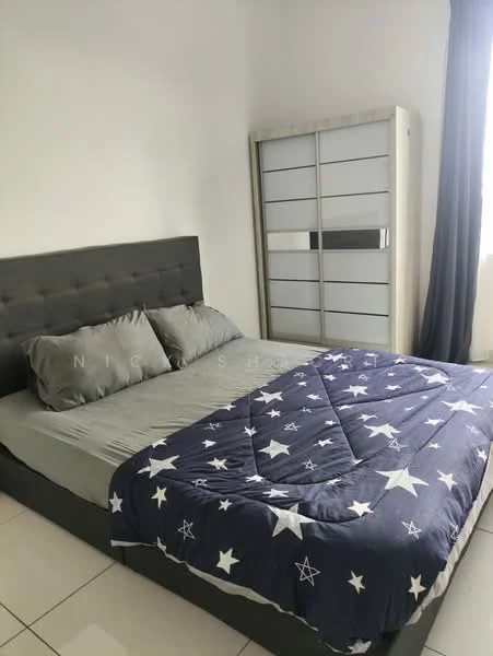 Bedroom features: king-size bed with grey upholstered headboard, grey bedding with star pattern, two grey pillows, white walls, large sliding wardrobe with mirrored doors, floor-to-ceiling window with grey curtains, tile flooring; style: modern.