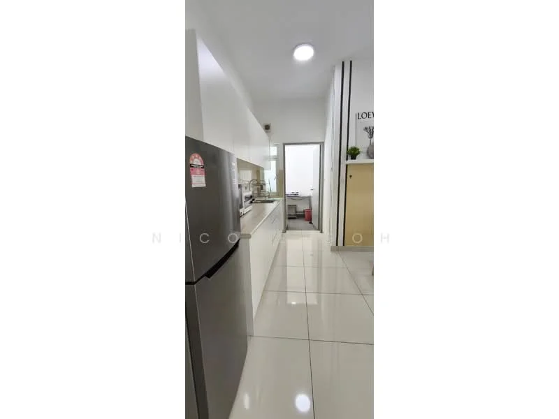 Kitchen features: white cabinetry, stainless-steel fridge, built-in oven, ceramic tile flooring, white countertop, single-bowl stainless-steel sink, chrome pull-down faucet, recessed downlights, open shelving, wall-mounted cabinets, neutral wall colour, modern design; style: modern.