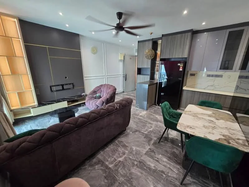 Living features: 3-seater fabric sofa in dark purple, marble coffee table, TV console, wall-mounted TV, recessed downlights, ceiling fan, grey marble flooring, decorative wall panel with lighting, green upholstered dining chairs, dining table with marble top, built-in cabinetry, kitchen countertop with backsplash; style: modern.