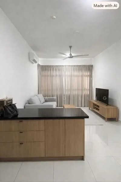 Living features: light grey fabric sofa, wooden coffee table, TV console, wall-mounted TV, floor-to-ceiling windows, sheer curtains, white painted walls, recessed downlights, ceiling fan, glossy white tile flooring, air conditioning unit; style: modern. Kitchen features: black countertop, light wood cabinetry, open layout; style: modern.