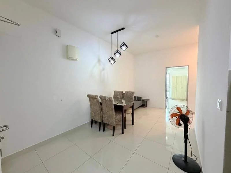 Dining features: white painted walls, glossy ceramic tile flooring, dining table with 6 chairs, 3-blade ceiling fan, track lighting with 4 fixtures, air conditioning unit, side table, floor fan; style: modern.