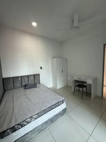 Bedroom features: queen-size bed with mattress, grey upholstered headboard, white painted walls, white ceiling, 5-blade ceiling fan, built-in wardrobe, study desk, black chair, tile flooring, window with natural light; style: modern.