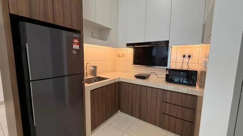 Kitchen features: stainless-steel fridge, built-in oven, microwave, white quartz countertop, wood cabinetry with brown finish, white tiled backsplash, under-cabinet lighting, single-bowl stainless-steel sink, chrome pull-down faucet, ceramic tile flooring, wall-mounted TV, two electrical outlets; style: modern.