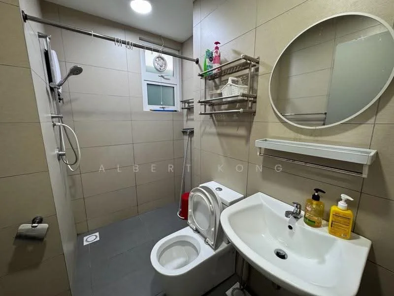 Bathroom features: walk-in shower with glass enclosure, rain shower head, handheld shower, single-sink vanity with wall-mounted cabinet, chrome basin mixer, round mirror, toilet, tile cladding on walls, grey tile flooring, shelf for toiletries, soap dispenser, toilet brush holder; style: modern.