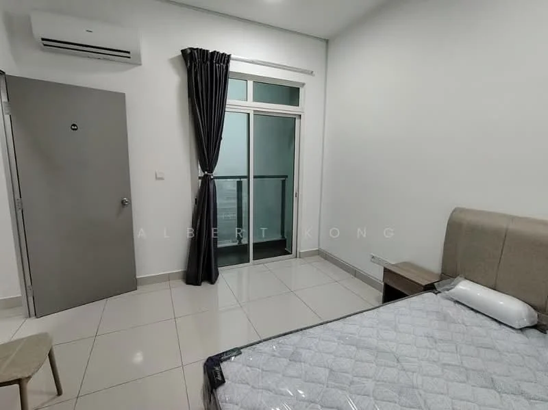 Bedroom features: white painted walls, glossy tile flooring, queen-size bed with upholstered headboard, floor-to-ceiling window, blackout curtains, wall-mounted split AC, light grey bedding, wooden bedside table, chair, door with security lock; style: modern.