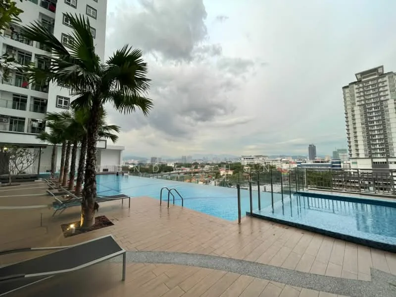 Exterior type: high-rise condominium; features: infinity pool, pool deck with loungers, landscaped area with palm trees, glass railing, city skyline view, tiled pool area, surrounding urban landscape; style: modern.