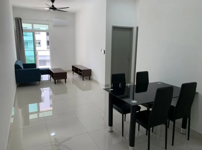 Living features: white painted walls, glossy tile flooring, 5-blade ceiling fan with light, floor-to-ceiling windows, grey curtains, blue fabric sofa, wood coffee table, TV console, dining table with black chairs; style: modern.