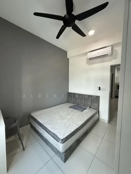 Bedroom features: grey accent wall, white painted walls, tile flooring, 5-blade ceiling fan, wall-mounted split AC, queen-size bed, upholstered headboard, nightstand, window with blinds; style: modern.