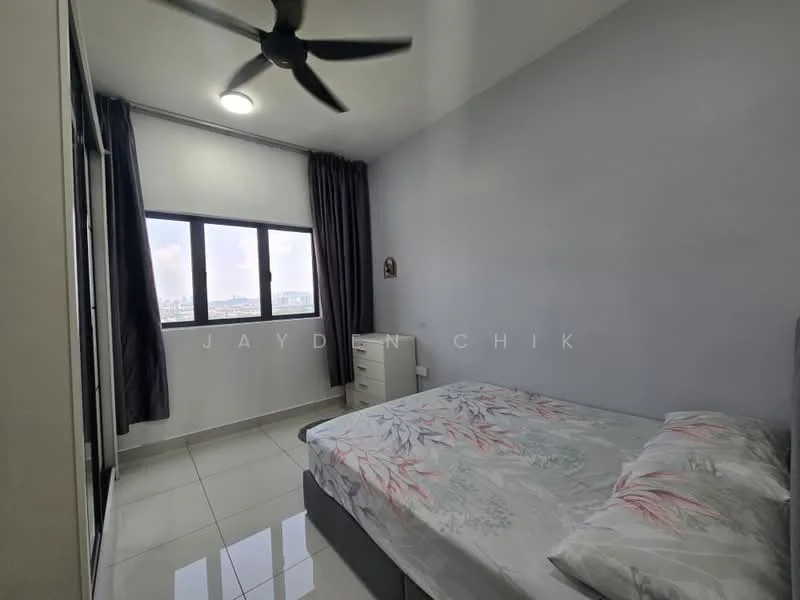 Bedroom features: queen-size bed with floral bedding, white bedside table, floor-to-ceiling window, grey curtains, 5-blade ceiling fan, white painted walls, glossy tile flooring, decorative wall art; style: modern; view: city.
