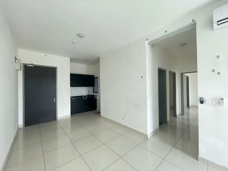 Room features: white painted walls, glossy tile flooring, recessed downlights, open layout, kitchen area with dark cabinetry, doorway leading to hallway, air conditioning unit, multiple doorways, neutral color scheme; style: modern.